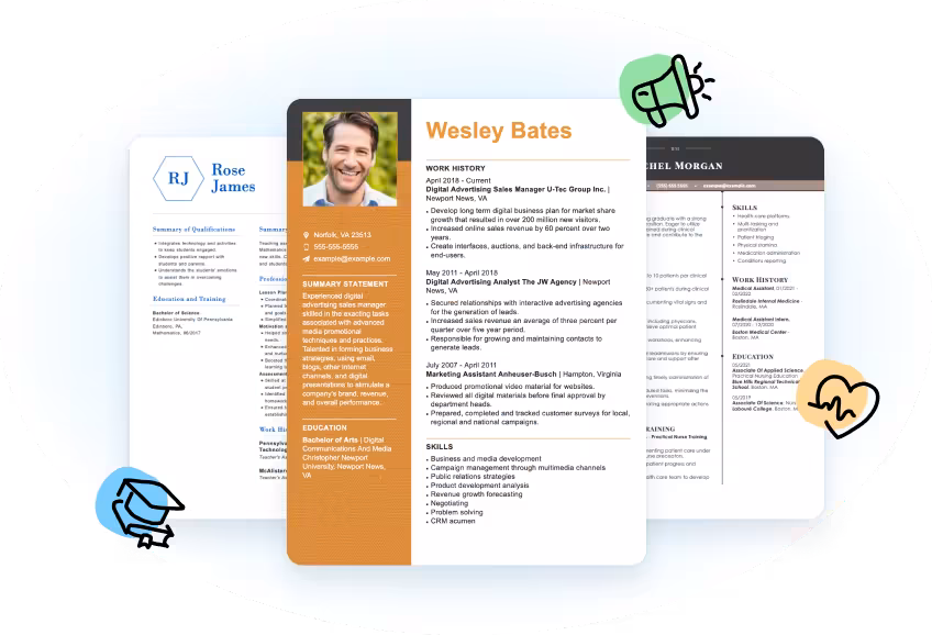 Three sample resume designs with different styles and colors